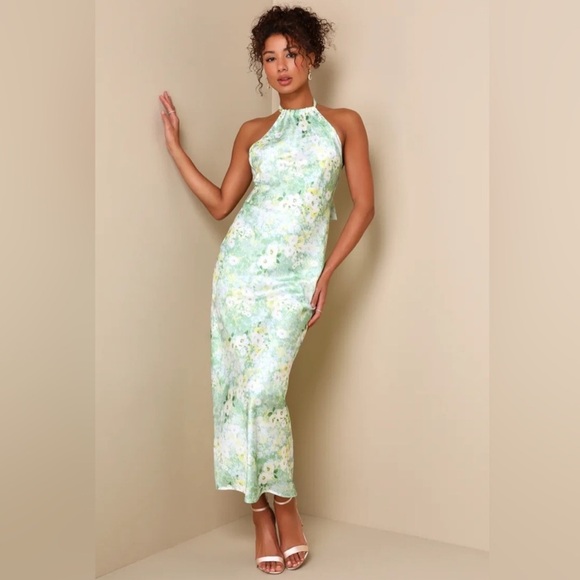 Lulus Dresses & Skirts - NWT Lulus Glowing Presence Light Green Floral Satin Halter Maxi Dress medium